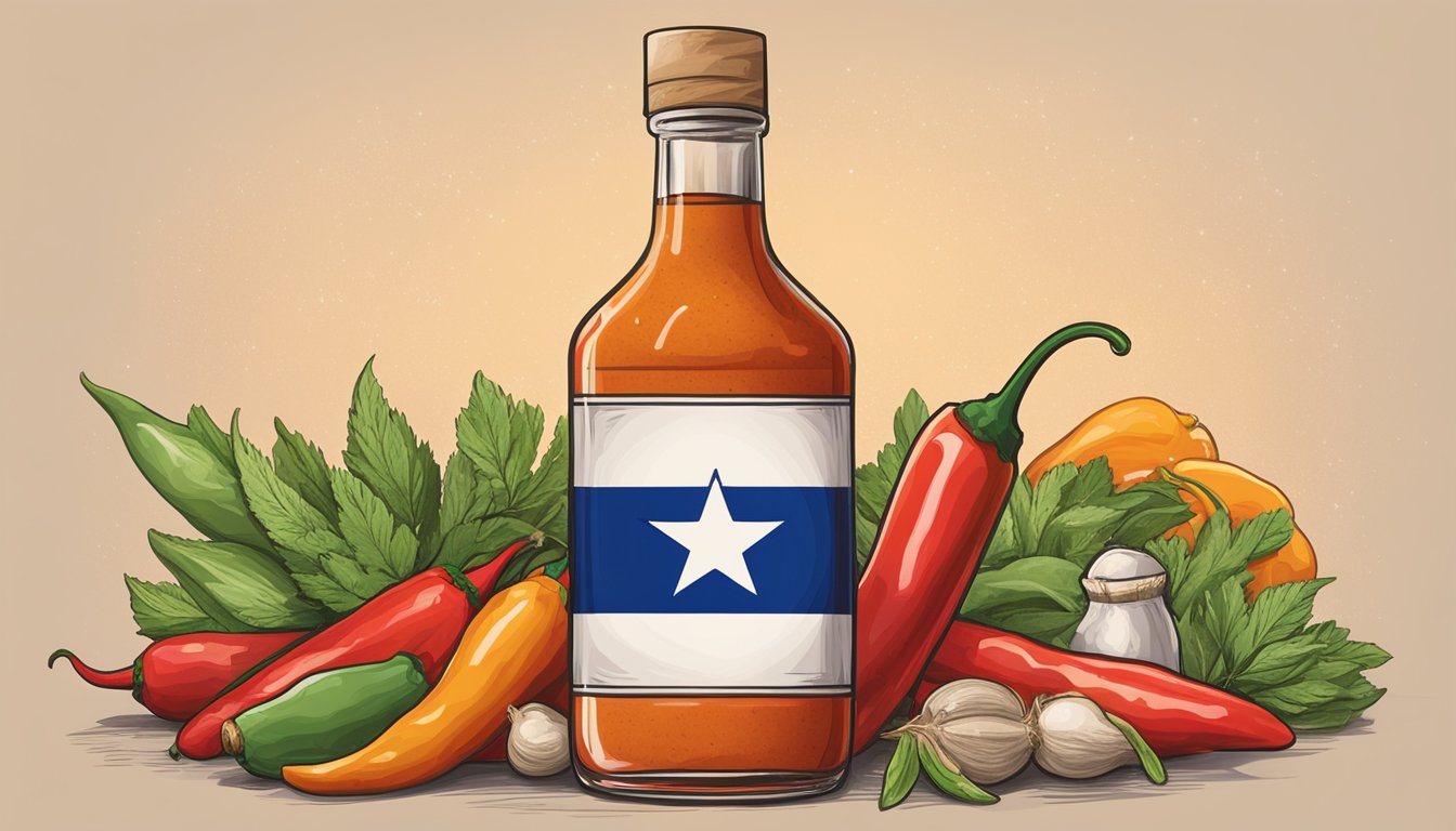 A bottle of hot sauce surrounded by fresh chili peppers and various herbs and spices, with a Texas flag in the background