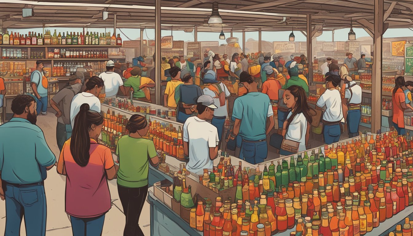 A bustling hot sauce market in Texas, with vendors showcasing a variety of spicy condiments. Customers sample and purchase bottles, while others discuss the history and trends of hot sauce