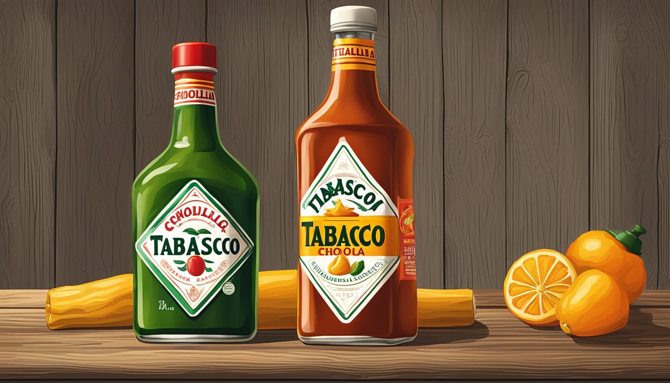 A bottle of Tabasco and a bottle of Cholula sitting side by side on a rustic wooden table