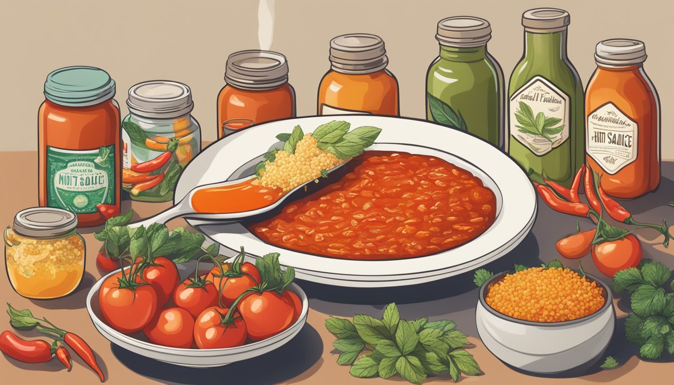 A bottle of hot sauce pouring onto a plate of anti-inflammatory foods, surrounded by jars of natural remedies