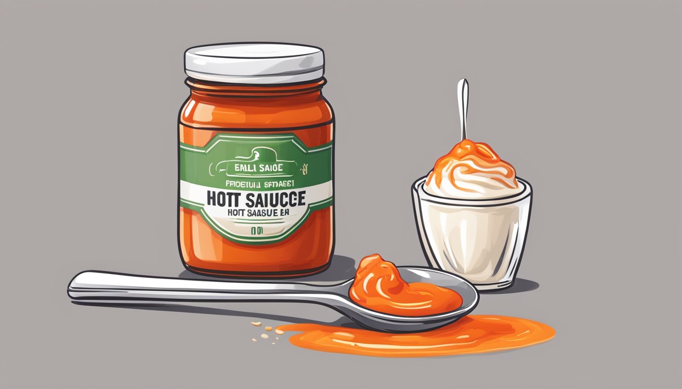 A small bottle of hot sauce is being carefully dropped onto a spoon, with a jar of cream nearby