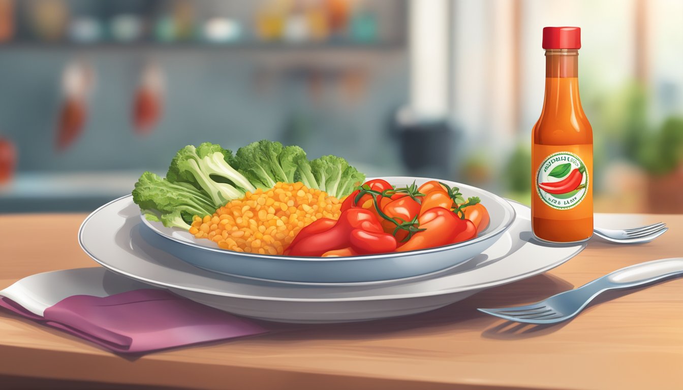 A bottle of hot sauce next to a plate of healthy foods, with a Parkinson's Disease awareness ribbon in the background