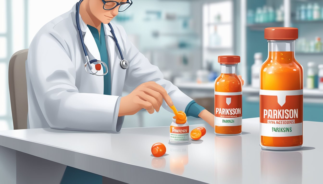 A doctor pouring hot sauce into a pill bottle labeled "Parkinson's" on a clean, white medical table