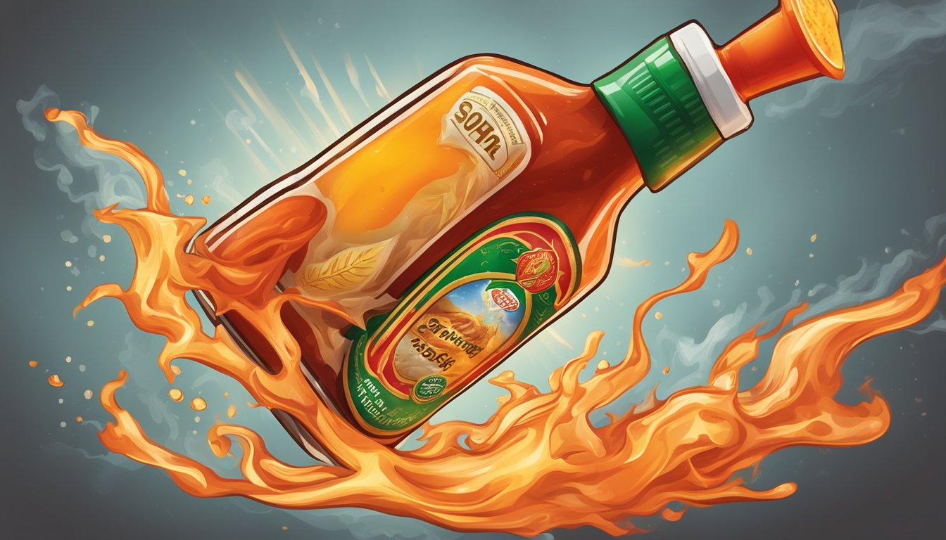 A bottle of hot sauce pouring onto a inflamed joint, with steam rising and a soothing sensation