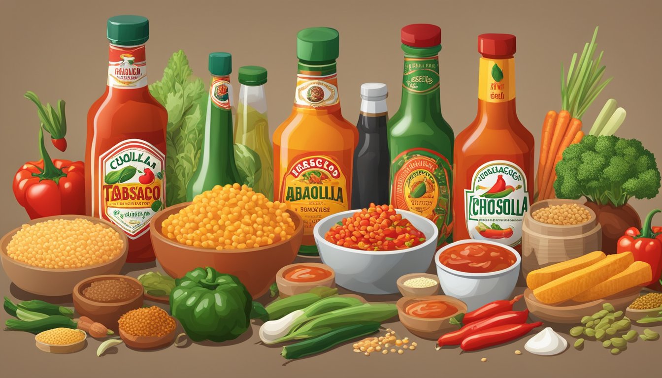 Two bottles of hot sauce, Tabasco and Cholula, surrounded by various types of food items such as vegetables, meats, and grains