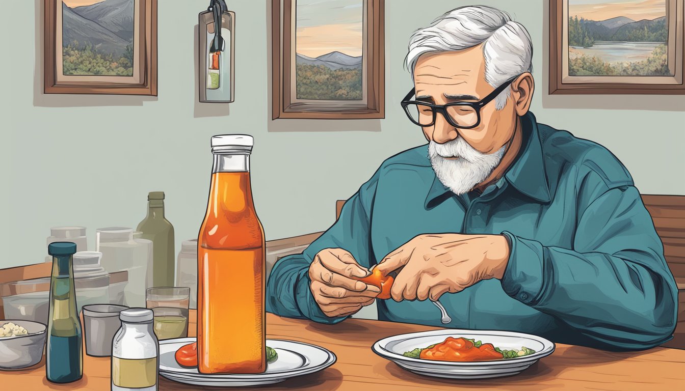 A person with Parkinson's adds hot sauce to their meal at a dining table