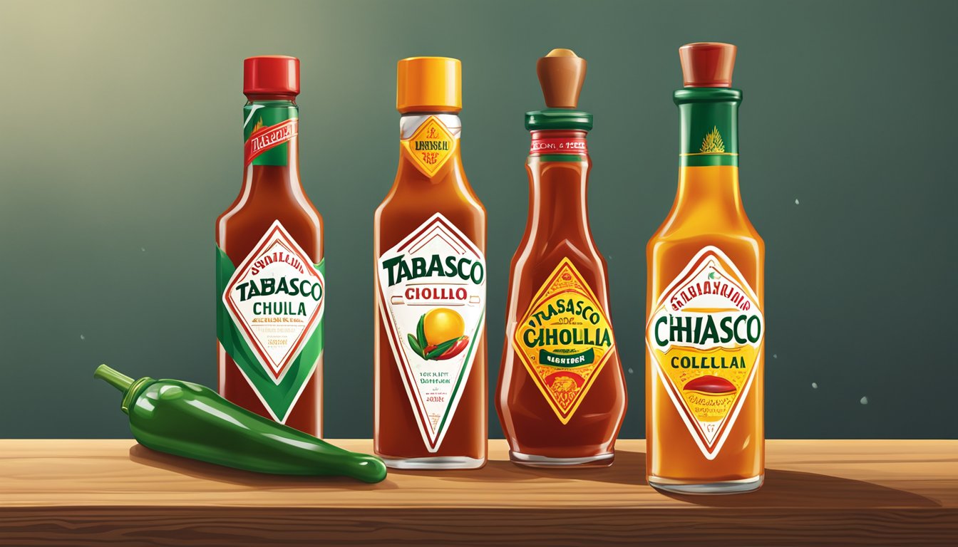 A bottle of Tabasco and a bottle of Cholula sit side by side on a wooden table, with a few drops of each sauce spilling onto the surface