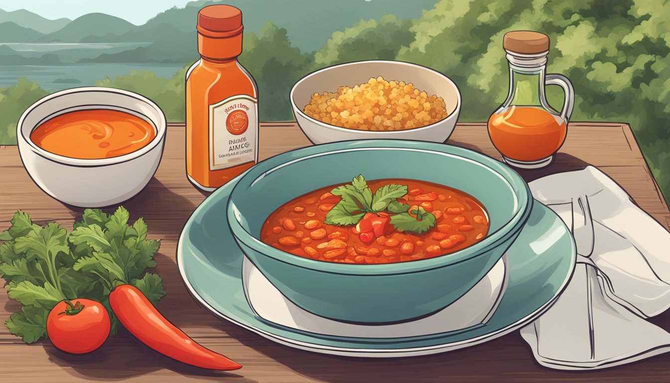 A bowl of hot sauce next to a plate of calming foods, surrounded by calming imagery and nature scenes