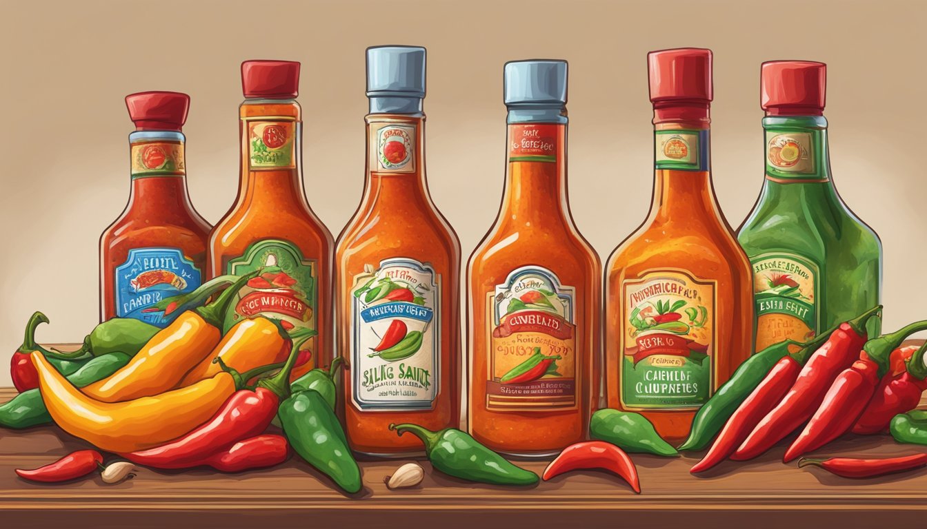 A bottle of hot sauce surrounded by vibrant chili peppers, garlic cloves, and vinegar, exuding a sense of comfort and relaxation