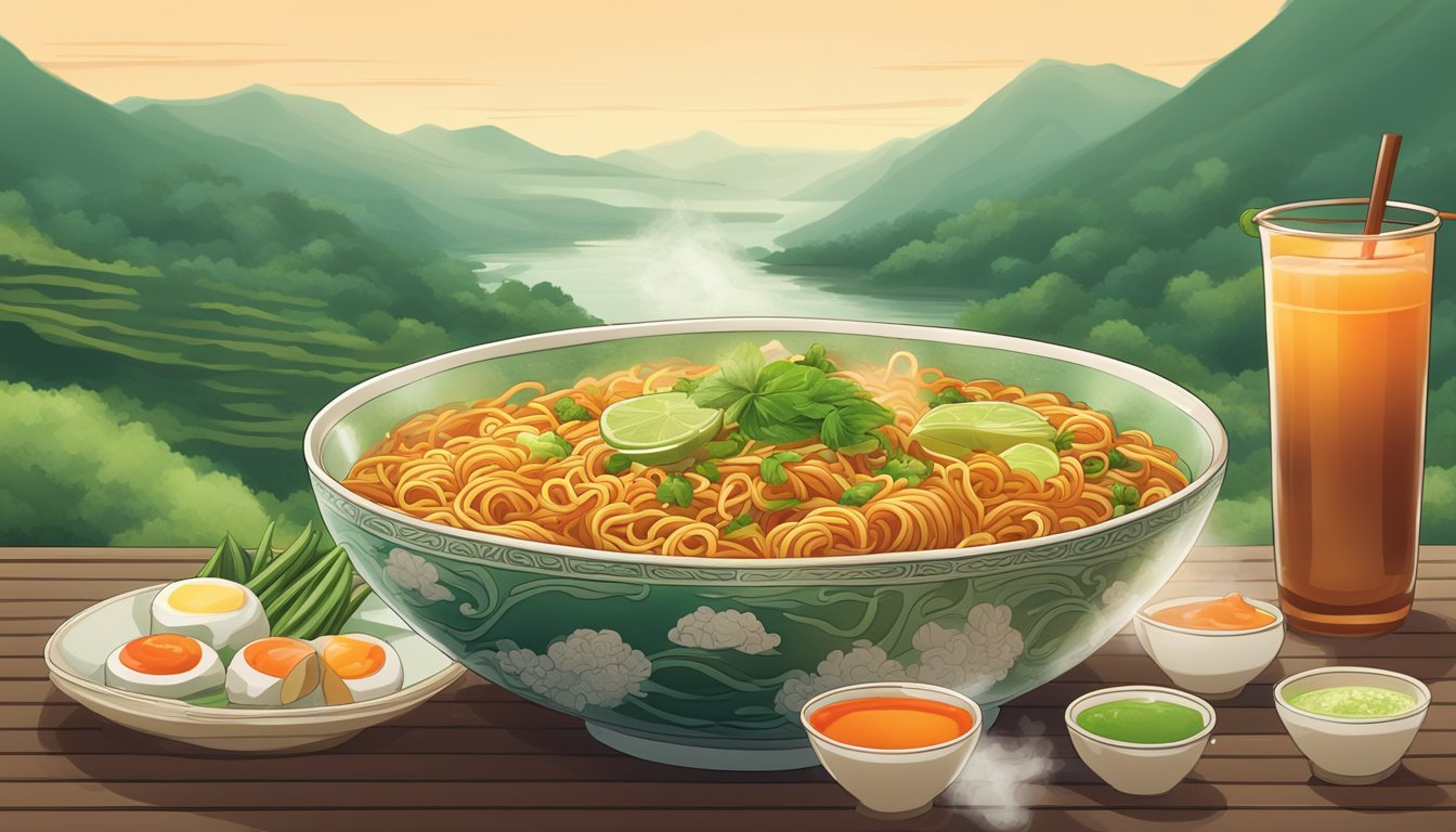 A steaming bowl of spicy noodles with a dollop of hot sauce, surrounded by calming green tea and a serene setting