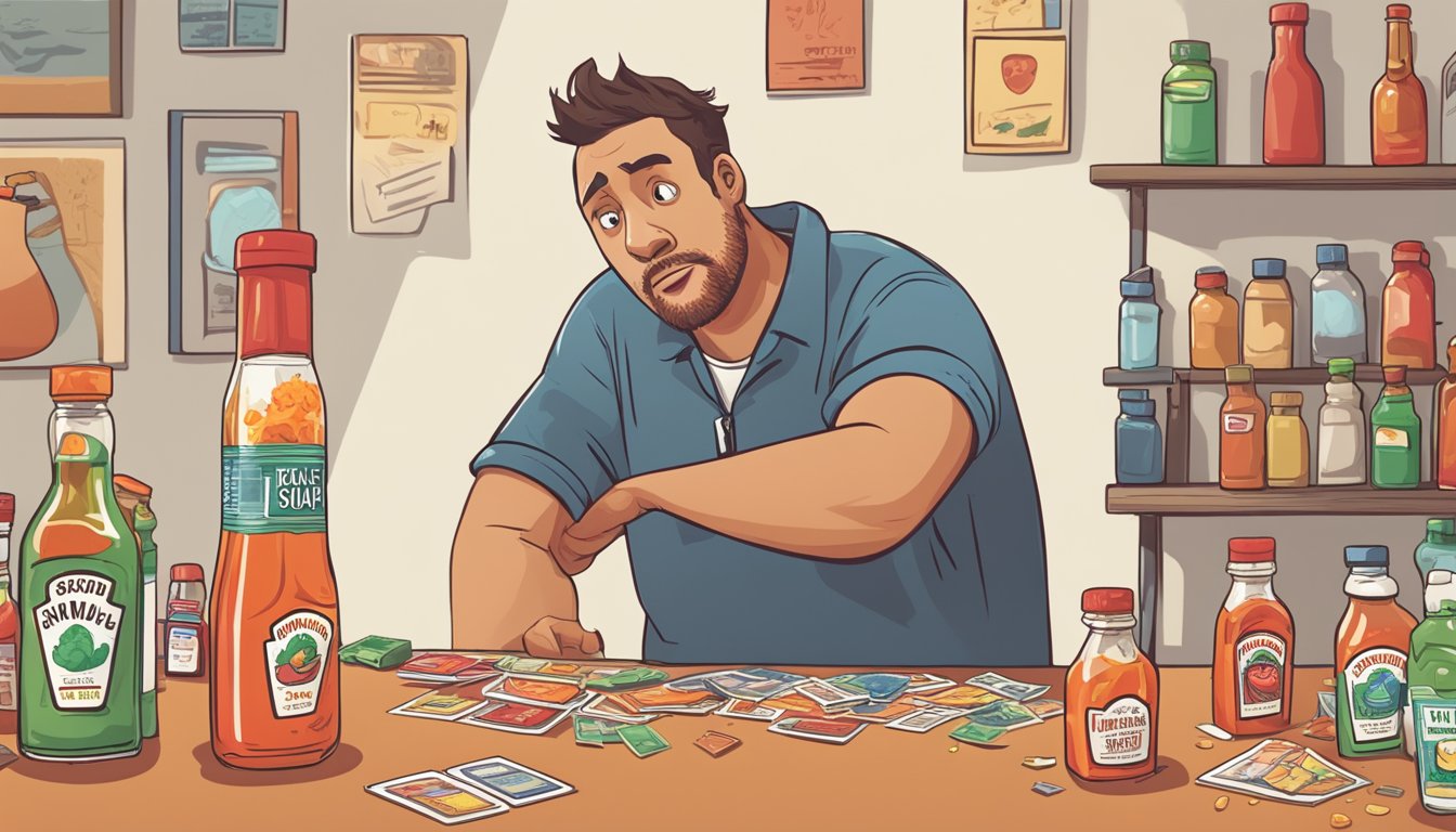 A bottle of hot sauce spills onto a table, surrounded by scattered memory cards and a confused expression on a character's face