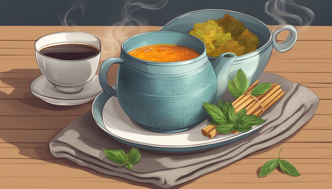 A steaming bowl of spicy soup with a soothing cup of herbal tea on a cozy table