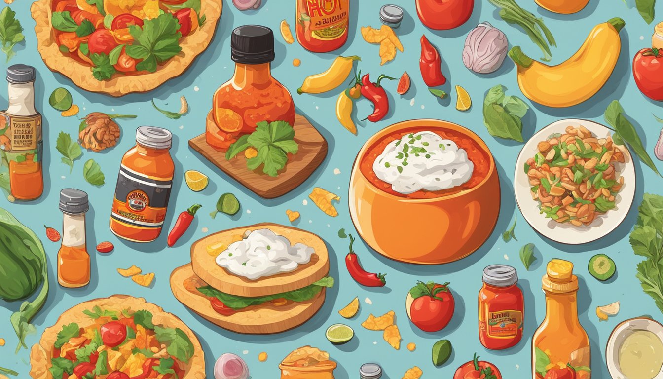 A bottle of hot sauce surrounded by various foods and a brain-shaped puzzle, with scattered memory-related objects