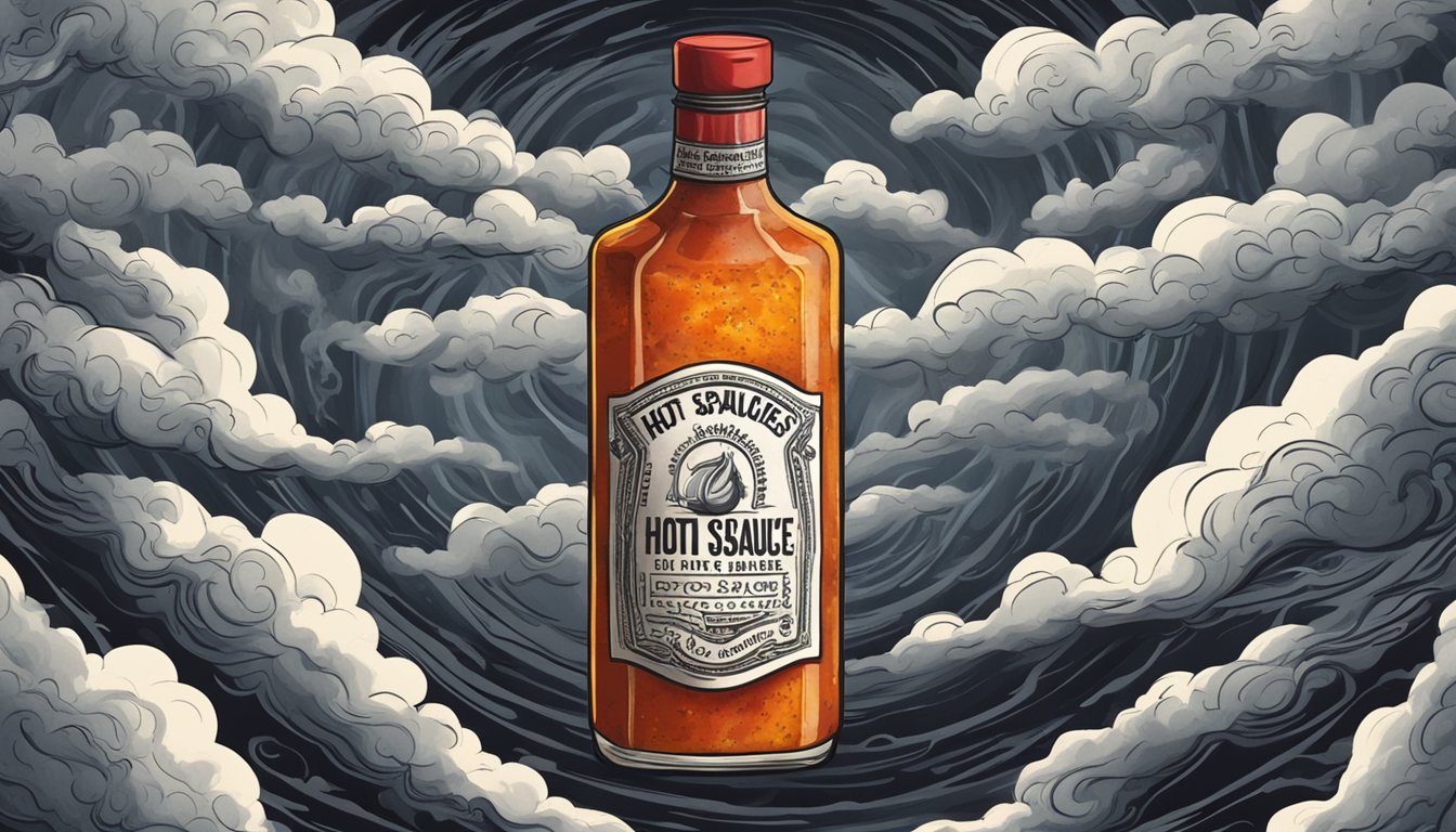 A bottle of hot sauce surrounded by dark, swirling clouds, symbolizing the exploration of depression