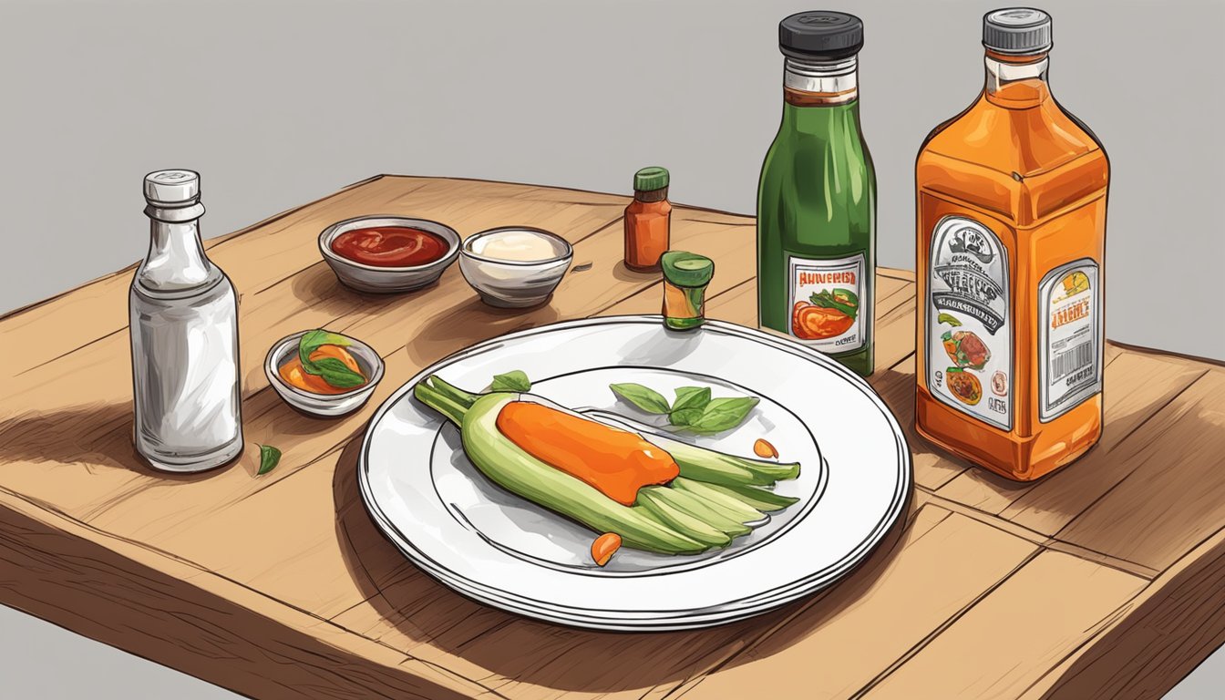 A table with an empty plate, a bottle of hot sauce, and scattered memories