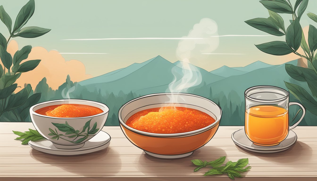 A steaming bowl of spicy hot sauce next to a calming herbal tea