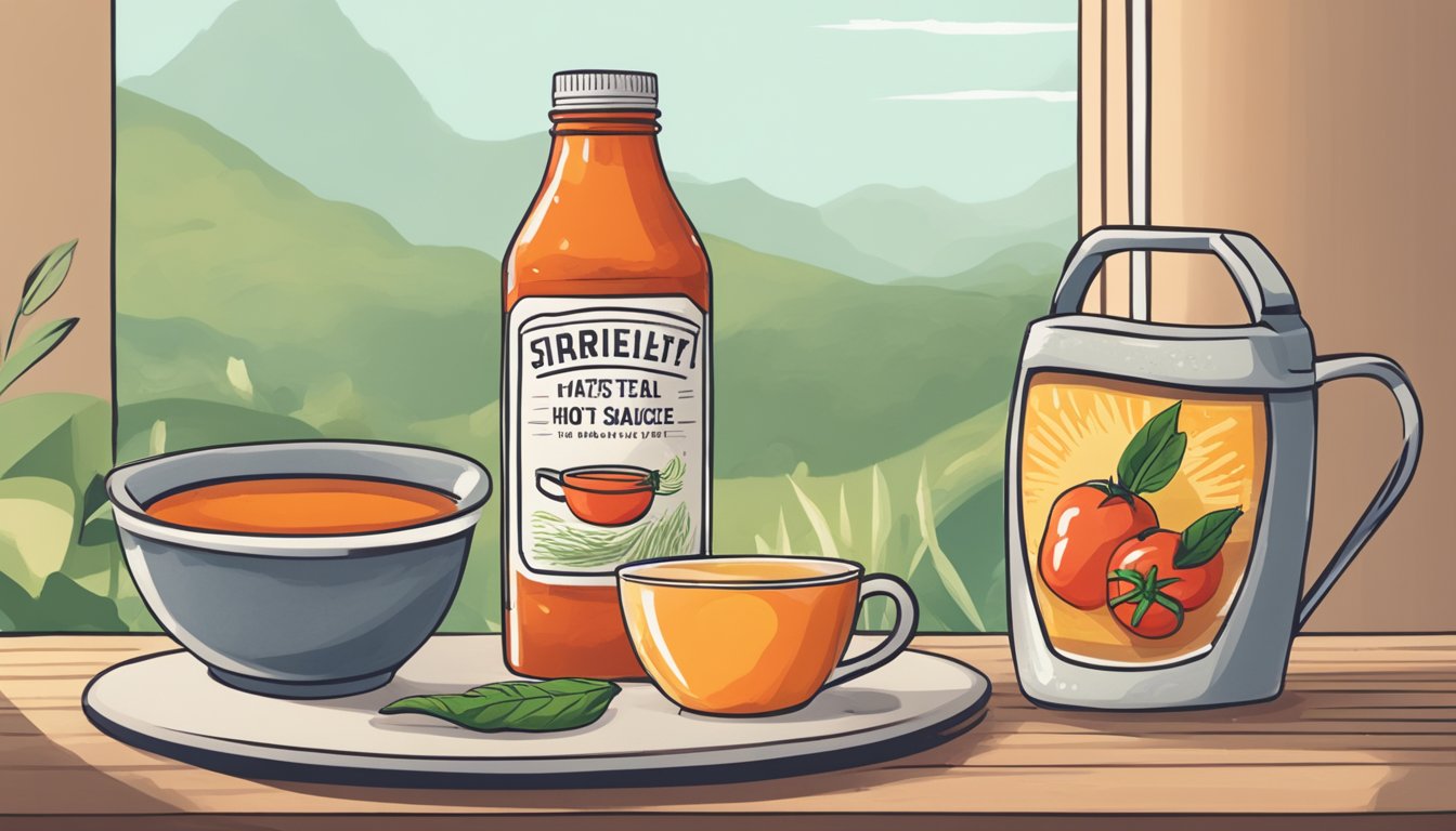 A bottle of hot sauce and a calming tea sit side by side on a table, representing the conflicting factors that may worsen anxiety and stress