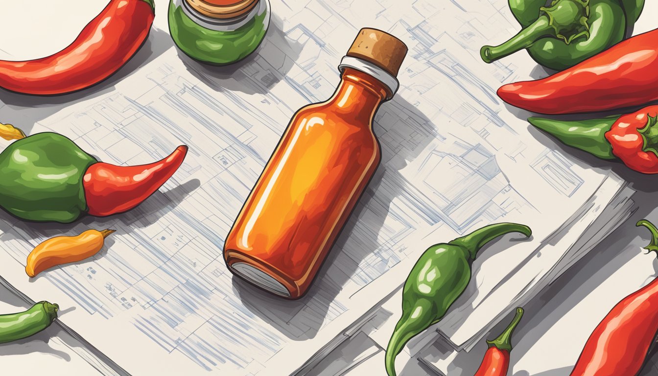 A small bottle of hot sauce surrounded by vibrant chili peppers and scientific research papers on depression