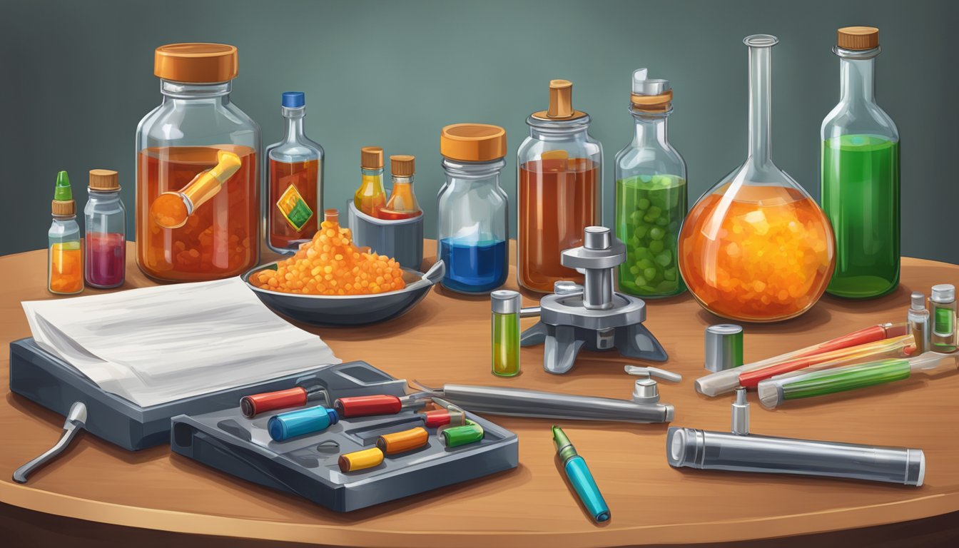 A lab table with test tubes, a microscope, and a bottle of hot sauce