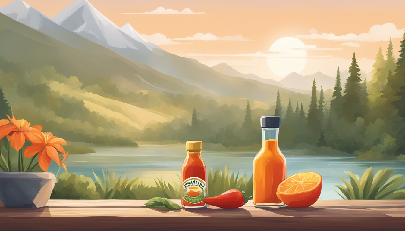 A bottle of hot sauce sits next to a calming scene with soothing elements like nature, soft colors, and comforting textures