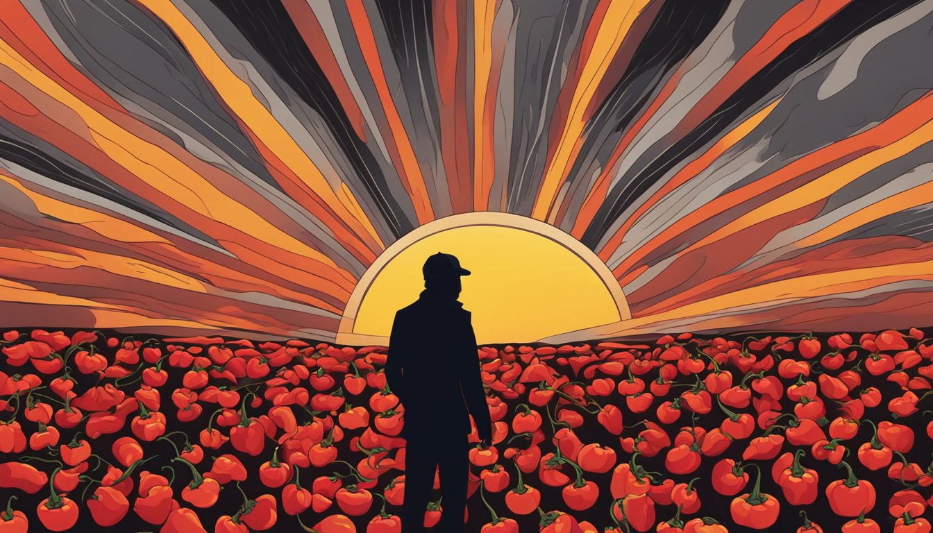 A person's silhouette surrounded by fiery red hot peppers, with dark storm clouds looming overhead