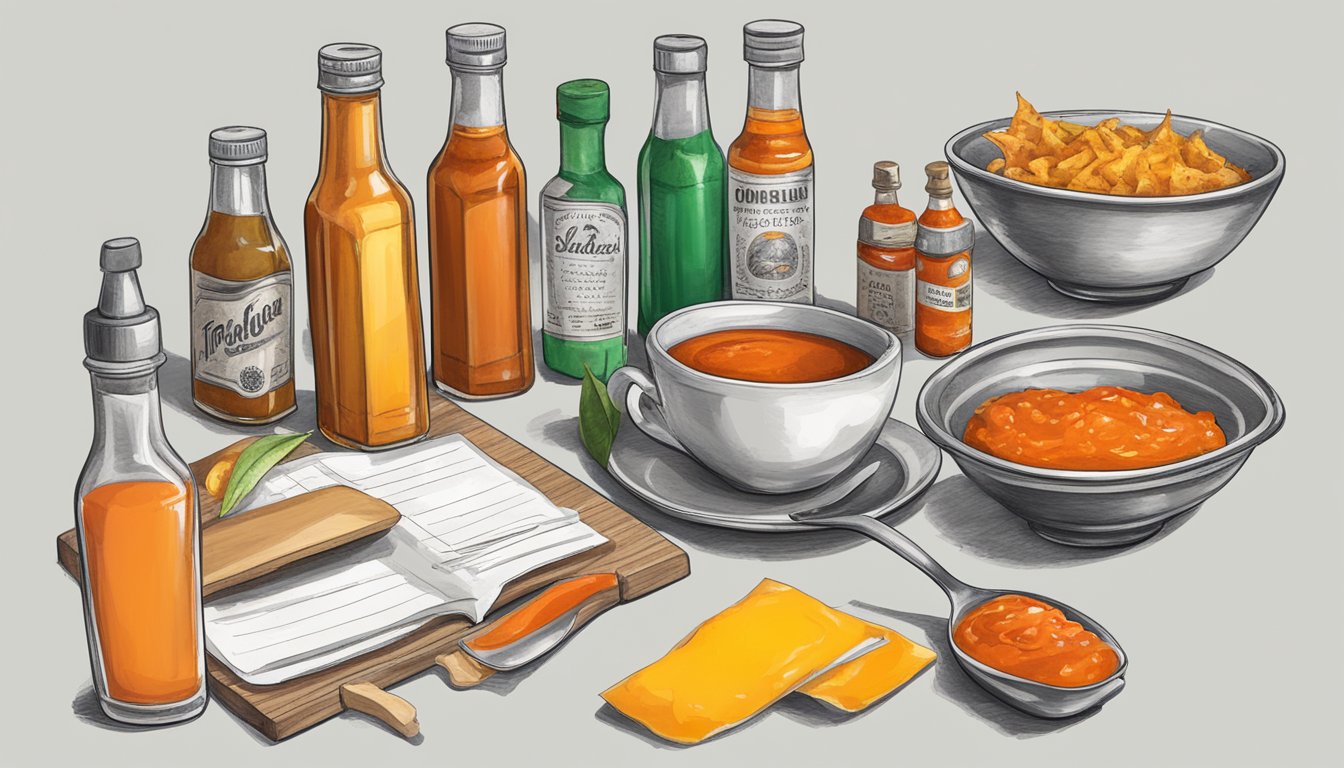 A table with scattered hot sauce bottles, and a forgotten shopping list