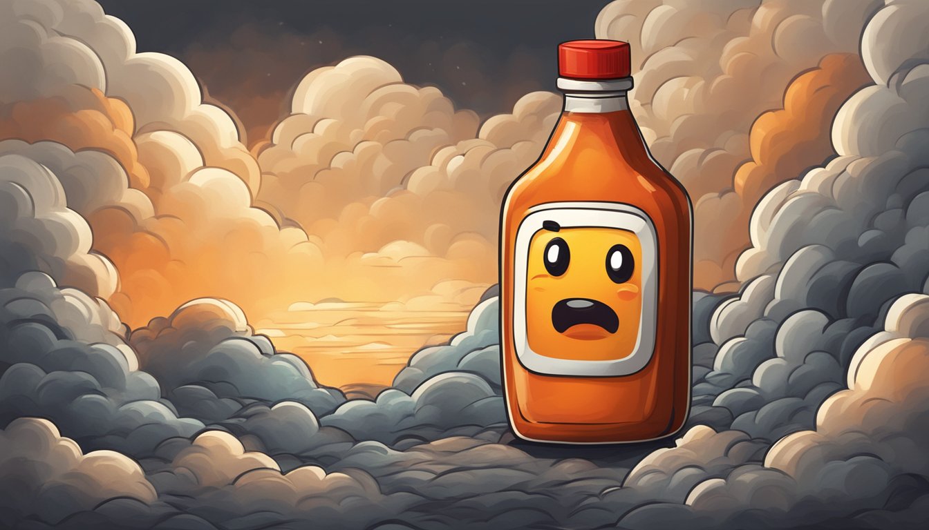 A bottle of hot sauce surrounded by dark clouds and a sad face emoji