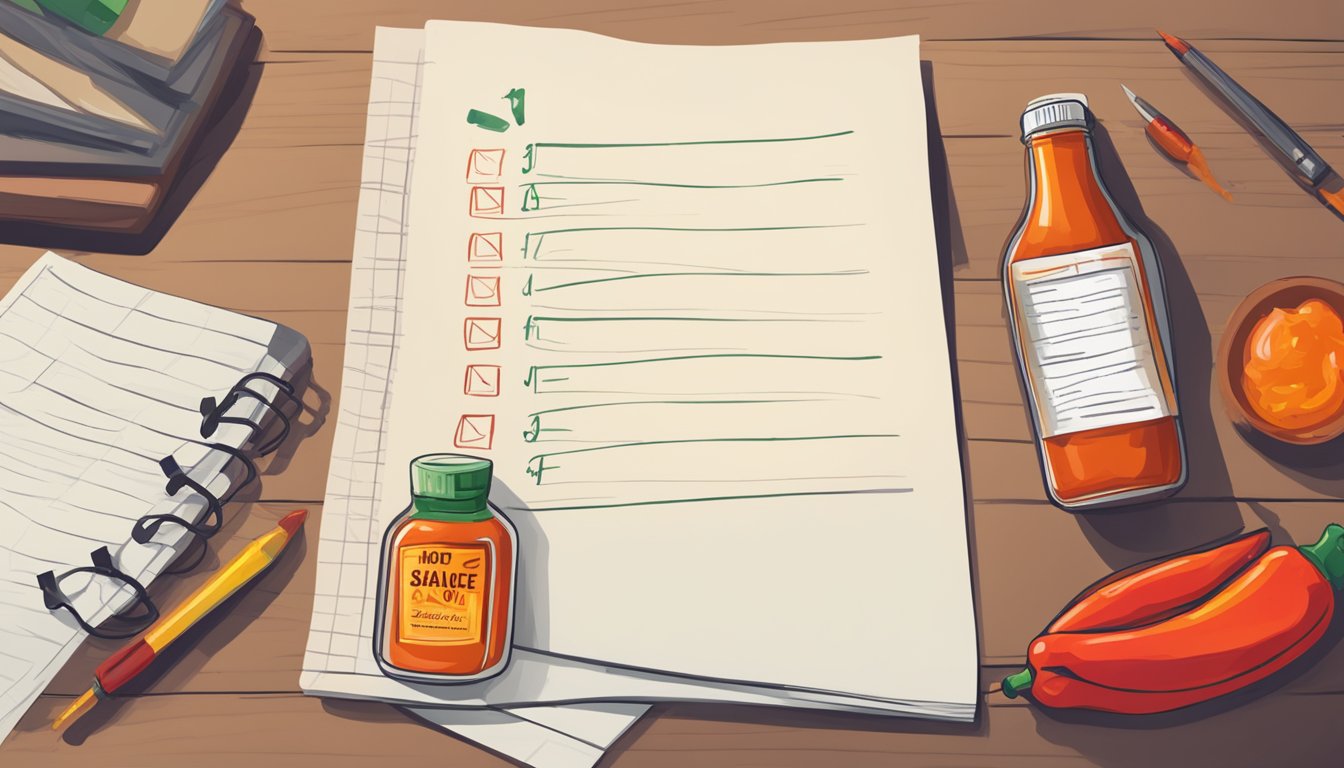 A bottle of hot sauce next to a forgotten to-do list on a table