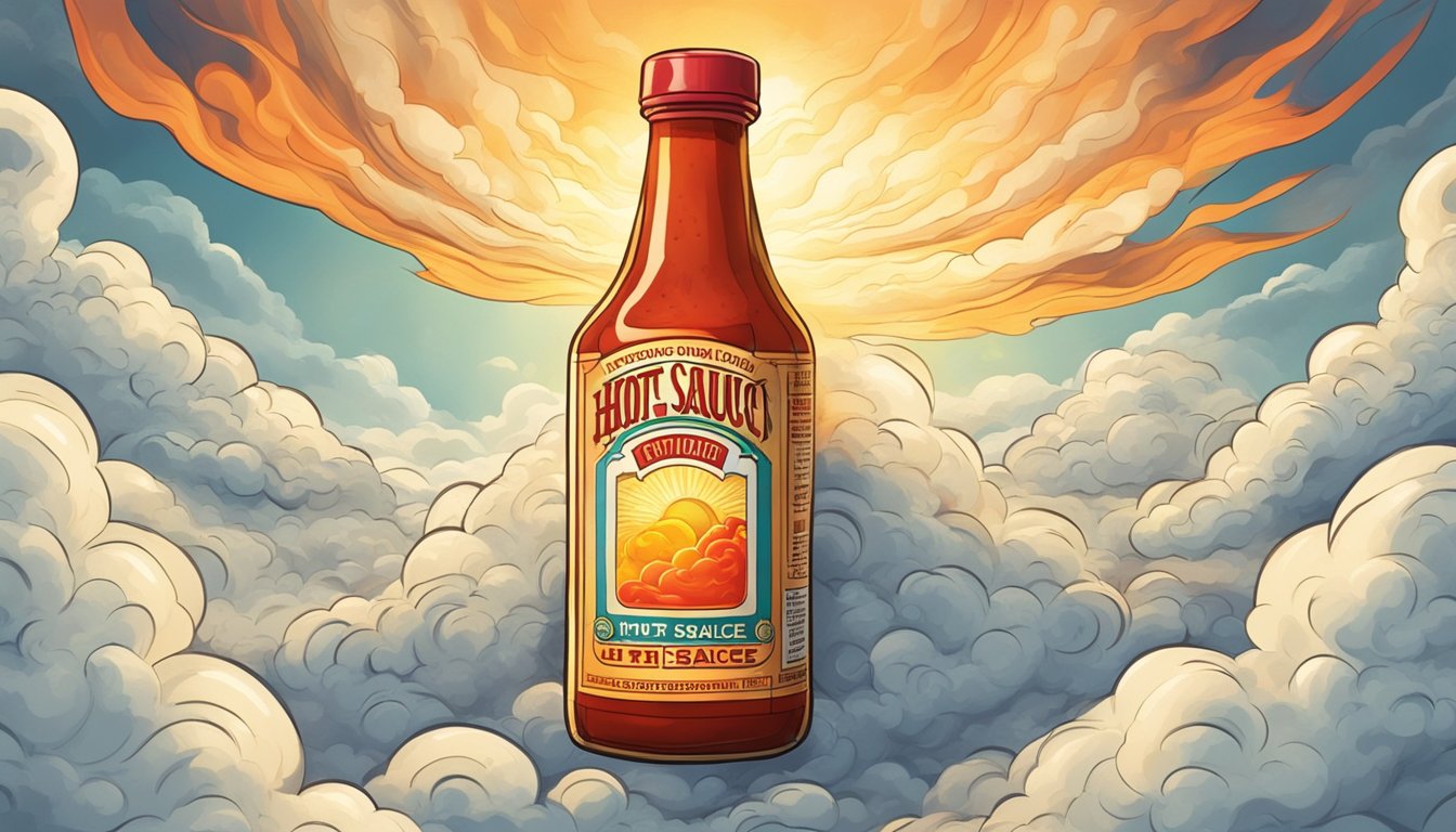 A bottle of hot sauce surrounded by swirling clouds representing depression, with a beam of light breaking through