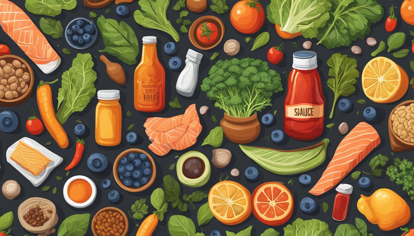 A bottle of hot sauce surrounded by various brain-boosting foods like blueberries, salmon, and leafy greens on a wooden table