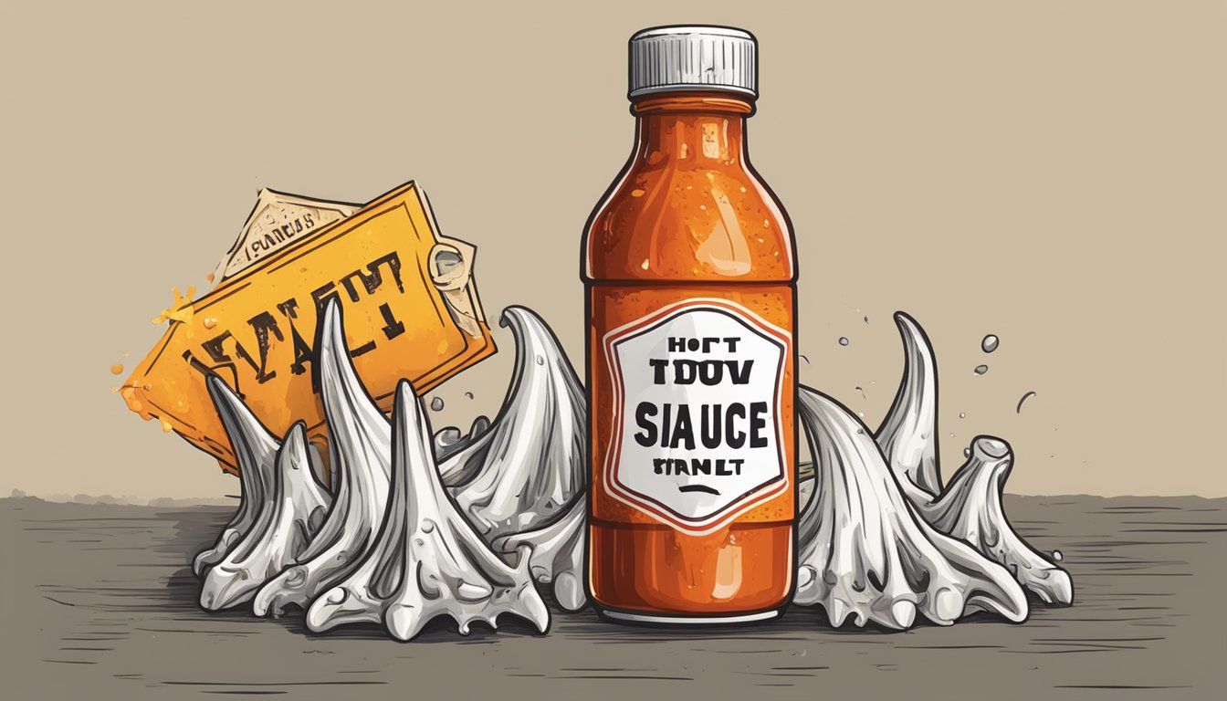 A bottle of hot sauce dripping onto a tooth, surrounded by decayed teeth and a warning sign