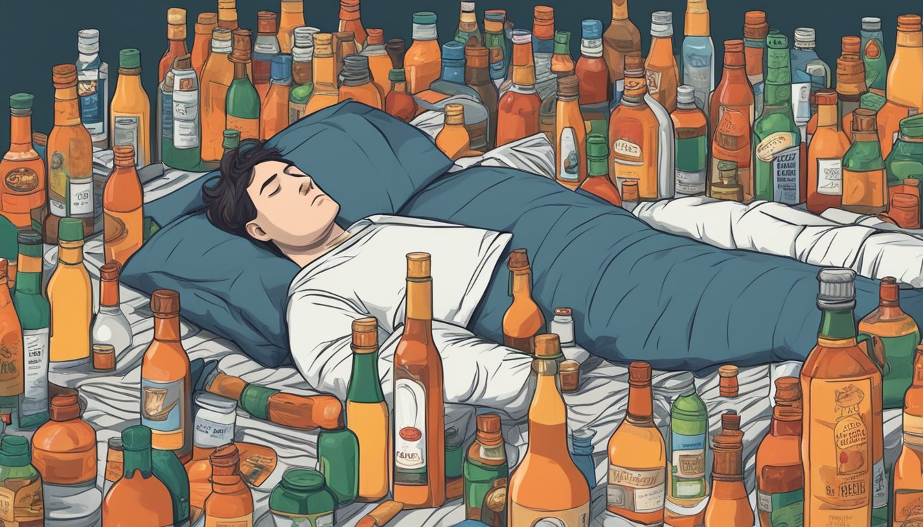 A person lying in bed, surrounded by bottles of hot sauce and unable to sleep, with a clock showing the late hours of the night