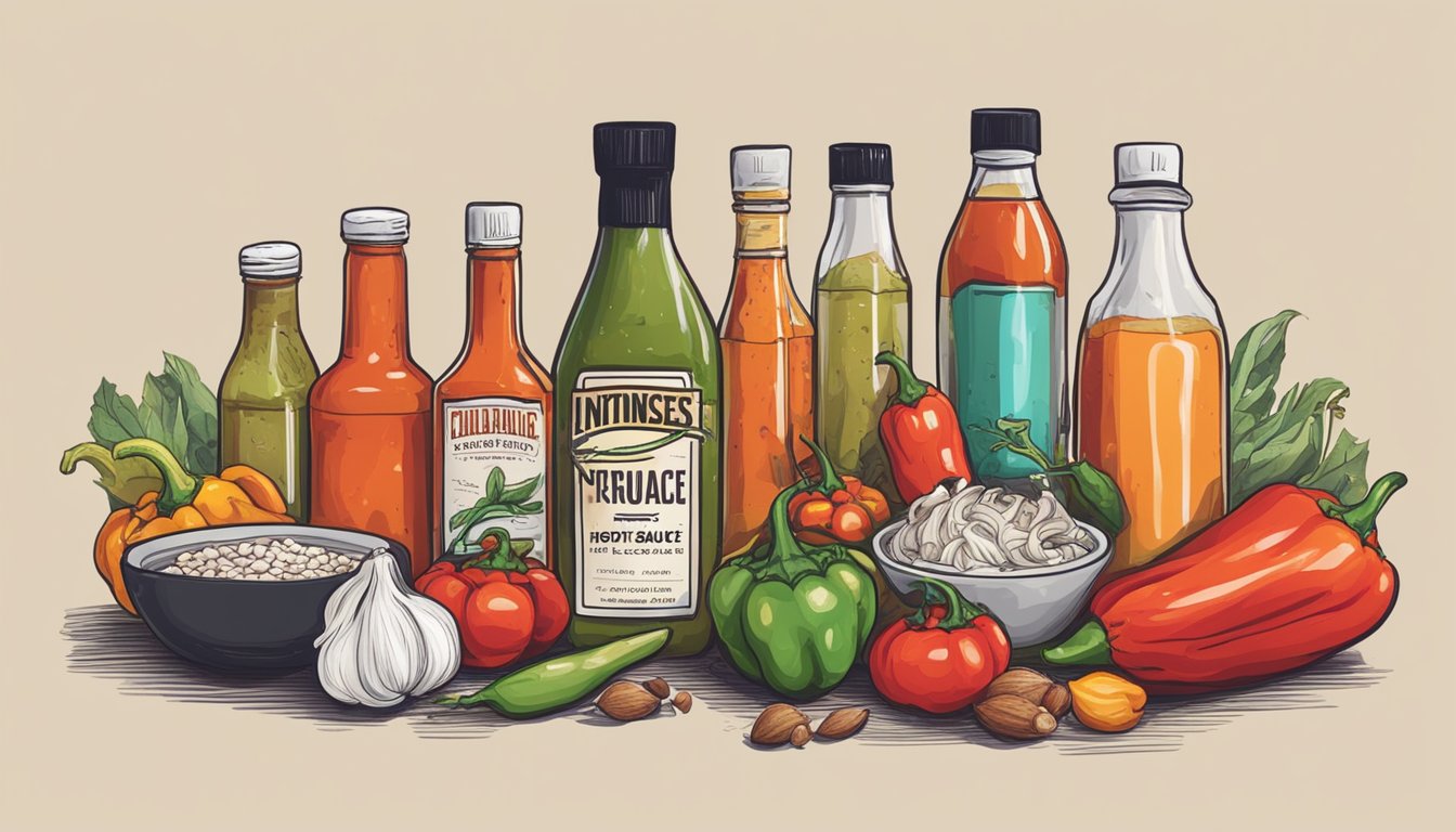 A bottle of hot sauce surrounded by ingredients like chili peppers, garlic, and vinegar, with a background hinting at the restlessness of insomnia