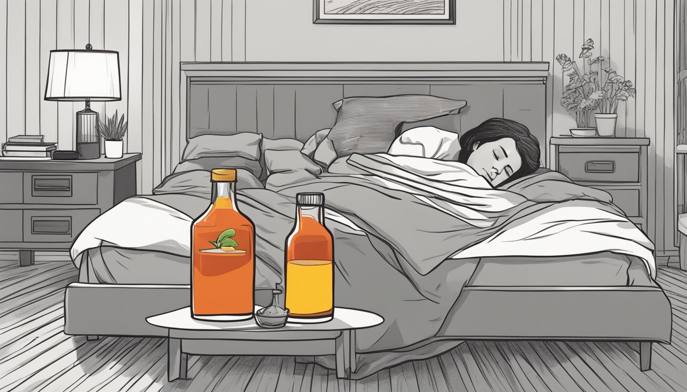 A bottle of hot sauce next to a sleepless person in bed