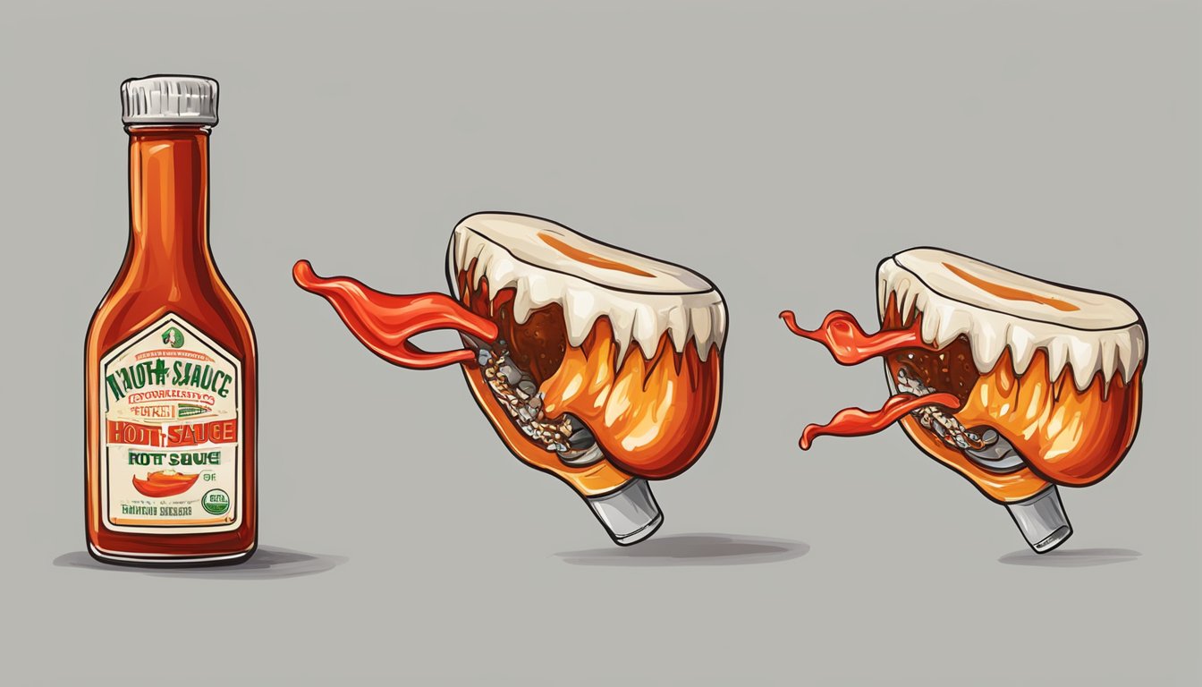 A bottle of hot sauce pouring onto a tooth, causing decay