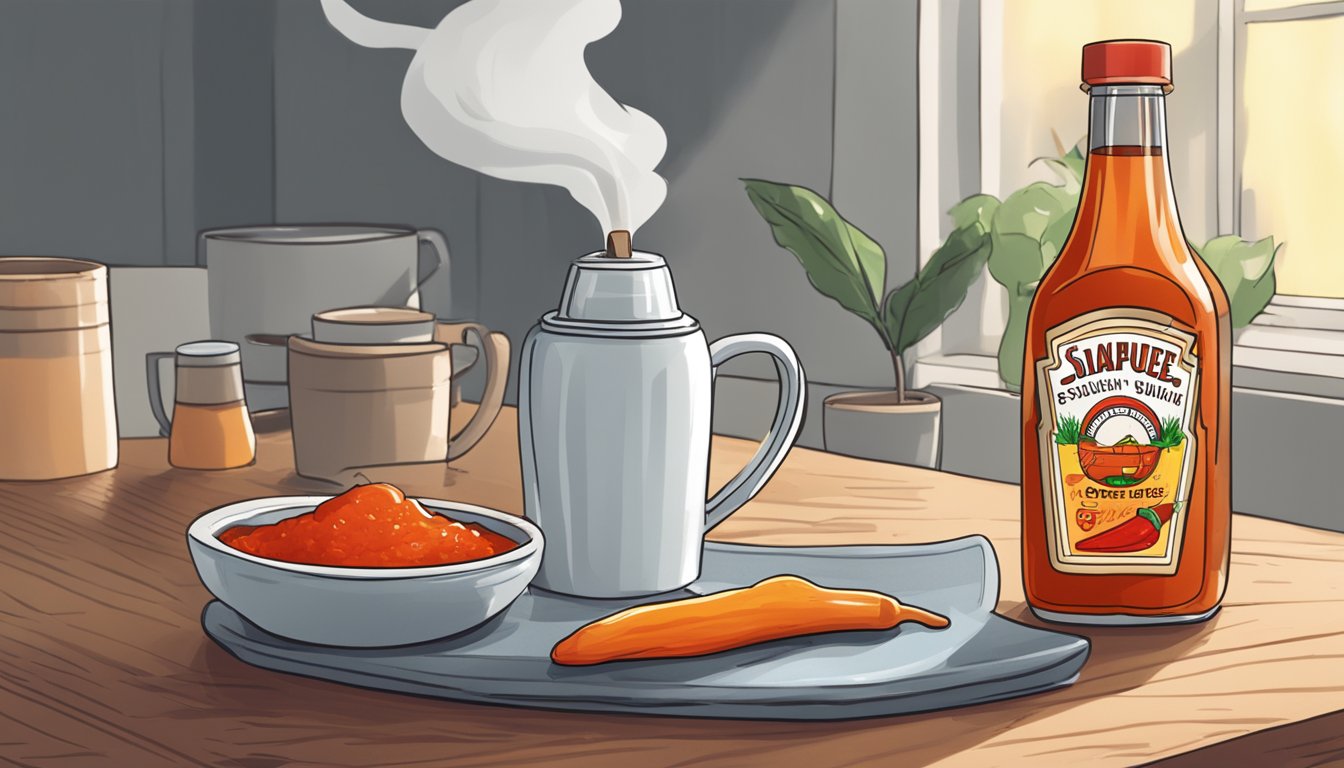 A steaming bottle of hot sauce sits next to a mug of coffee on a sleepless night