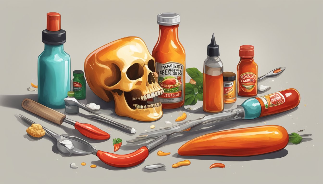 A bottle of hot sauce drips onto a decaying tooth, surrounded by dental tools and products