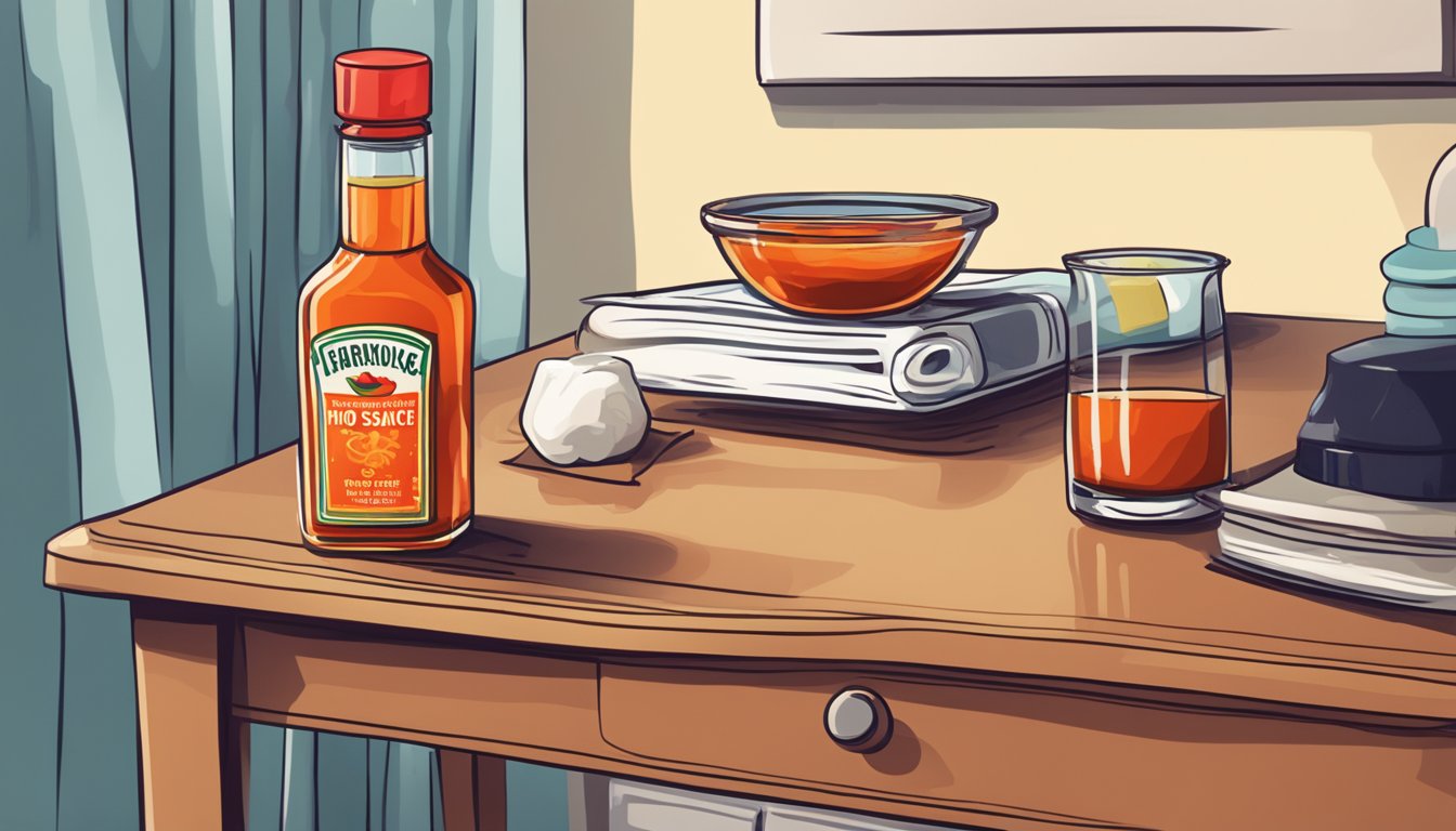 A bottle of hot sauce next to a bedside table, with a sleep mask and a glass of water