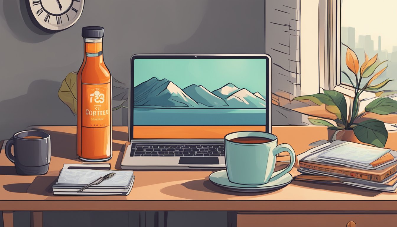 A bottle of hot sauce on a nightstand, next to a clock showing 3am. A person lying awake in bed, surrounded by empty coffee cups and a laptop