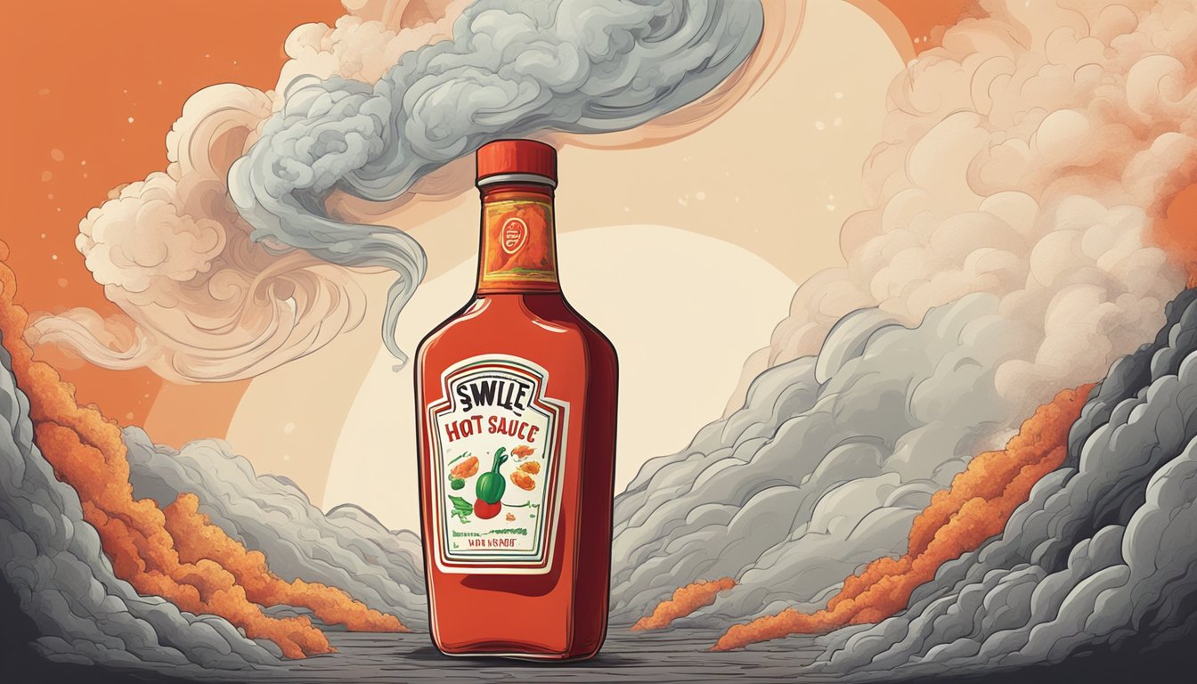 A bottle of hot sauce surrounded by swirling, suffocating smoke, with a red, inflamed lung in the background