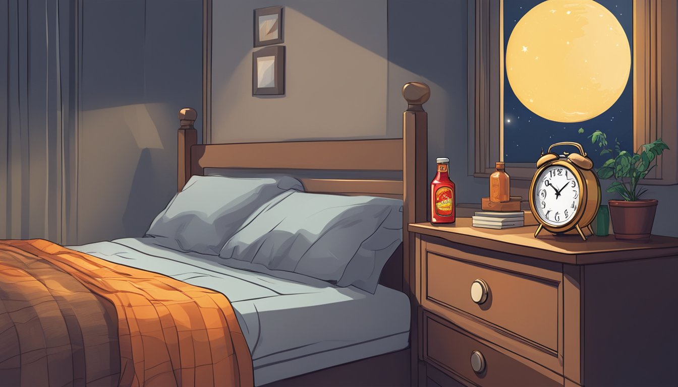 A bottle of hot sauce next to a bedside table with a clock showing late at night. An open window with moonlight streaming in