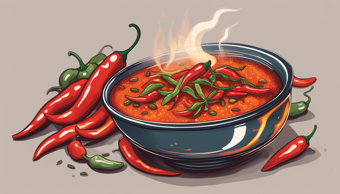 A steaming bowl of spicy chili sits next to a bottle of hot sauce, surrounded by red chili peppers and flames