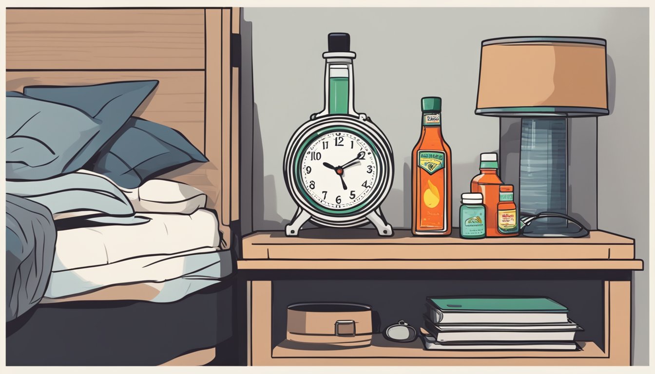 A bottle of hot sauce sits next to a bedside table. The clock shows 3 AM, and the person lies wide awake in bed