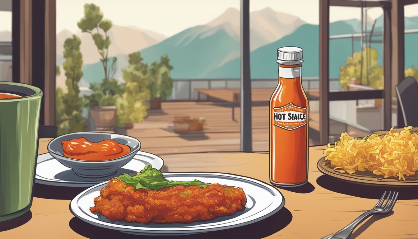 A bottle of hot sauce next to a plate of food, with a person using an inhaler in the background