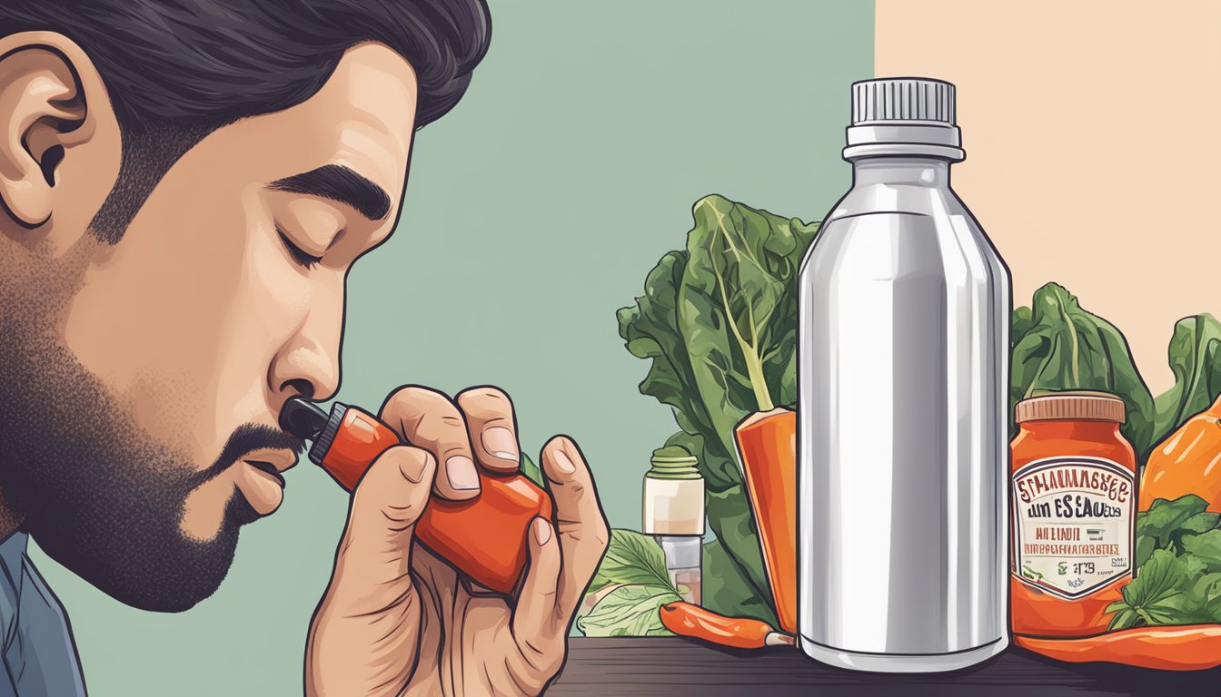 A bottle of hot sauce next to a person using an inhaler