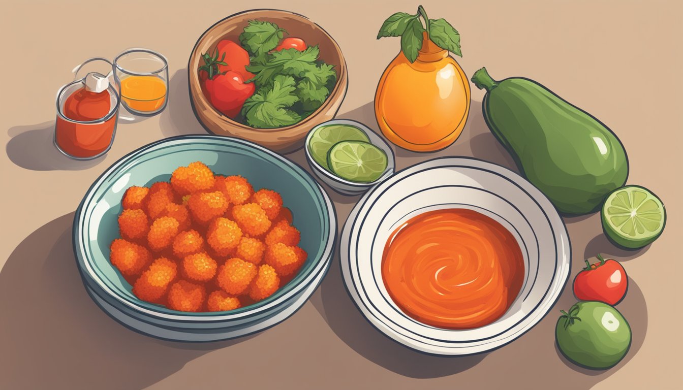 A bowl of spicy hot sauce next to a plate of asthma-friendly foods like fruits and vegetables