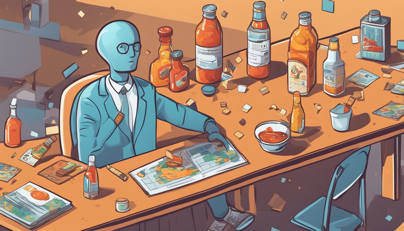 A table with a bottle of hot sauce and a brain-shaped model, surrounded by scattered puzzle pieces and a confused expression on a faceless figure