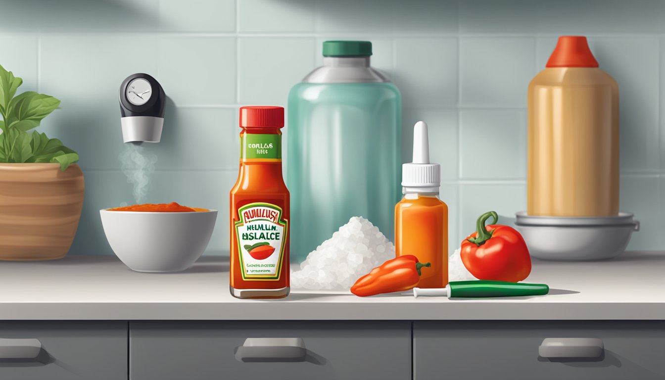 A bottle of hot sauce next to an inhaler on a kitchen counter