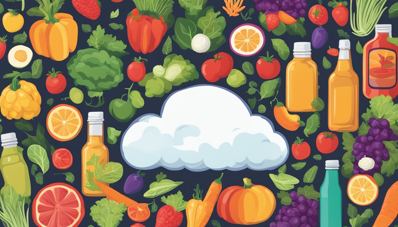 A bottle of hot sauce surrounded by colorful fruits and vegetables, with a brain-shaped cloud above, representing the link between nutrition and brain health in relation to Alzheimer's