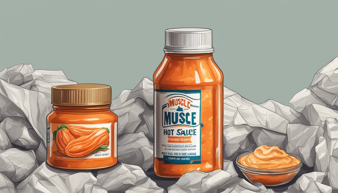 A bottle of hot sauce next to a jar of muscle cream, surrounded by crumpled muscle cramp relief packaging